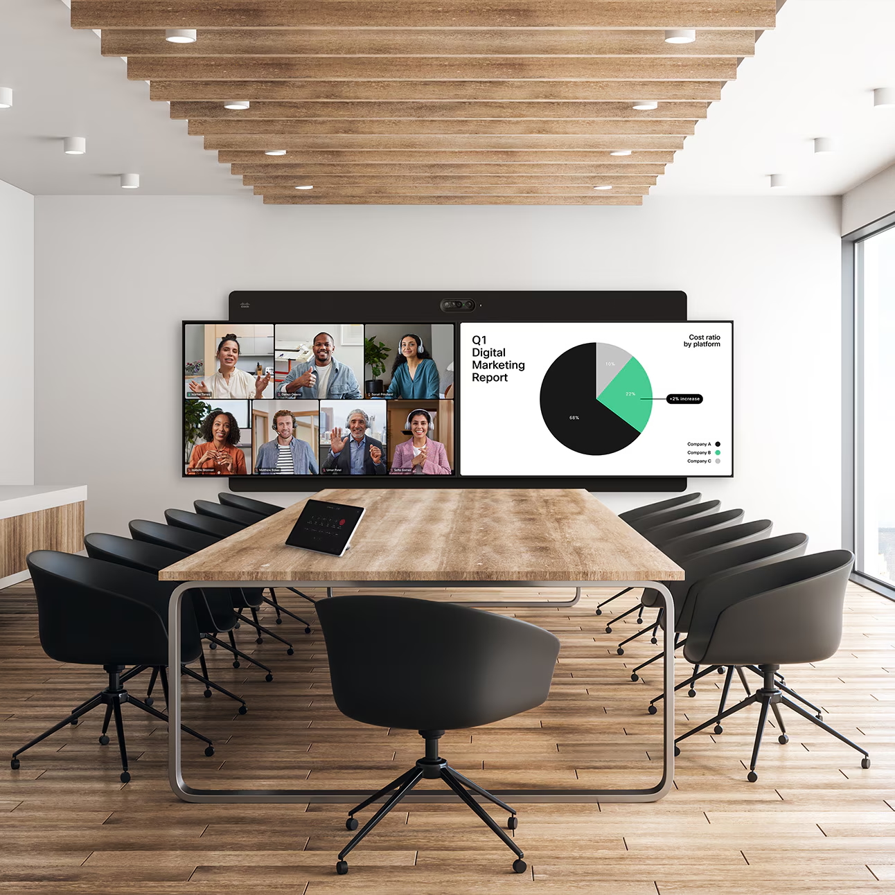 Modern conference room with hybrid meeting setup showing video conferencing display